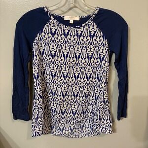 Moa Moa Blue White Patterned Long‎ Sleeve Casual Shirt Top (Girls Medium)